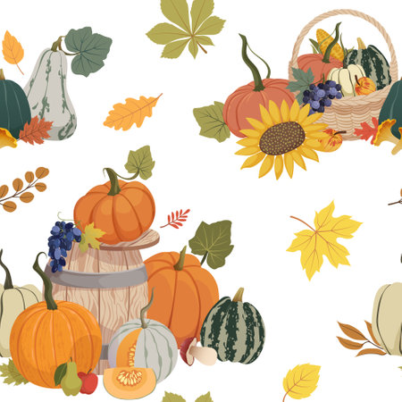 Autumn harvest seamless pattern. Pumpkins, grapes, corn, sunflower in basket, crate, barrel. Fall background design for Thanksgiving Day wrapping paper, cards, textiles, banners. Vector illustration.のイラスト素材