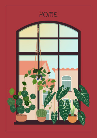 New home colorful greeting card, print, poster, housewarming invitation. New place to live in a postcard with potted plants on the window sill, cityscape, and red background. Flat vector illustration.のイラスト素材