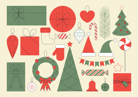 Christmas elements in minimalist geometric style. Abstract xmas tree, gifts, candies cane, winter holiday elements for banner, wrapping paper, poster, greeting card. Modern flat vector illustrations.のイラスト素材