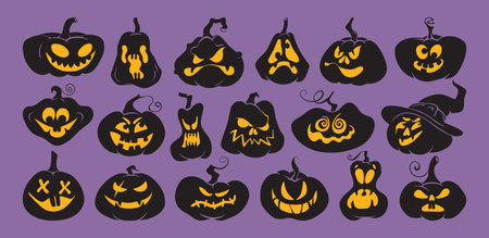 Halloween Pumpkin silhouette icon set. Spooky smiling black pumpkins with glowing eyes and mouth. Jack o lantern collection. Vector scary face illustrations for autumn cards, banners, sticker, postersのイラスト素材