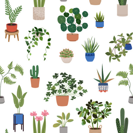 Houseplants in flowerpots seamless pattern. Trendy potted plants on a white background. Home decor flowers in pots. Flat vector illustration for packaging, textile or wallpaper.のイラスト素材