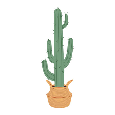 Cactus plant in flowerpot. Green indoor potted plant in a wicker basket. Trendy home cactus plant for house decor. Urban jungle tropical home flower for interior design. Flat vector illustration.のイラスト素材