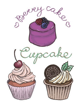 Hand drawn vector set of cupcakes