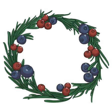 Hand drawn vector rosemary and berries wreath isolated on white background.のイラスト素材