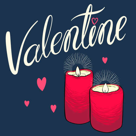 Hand drawn vector valentine greeting card with burning candles and hearts.のイラスト素材