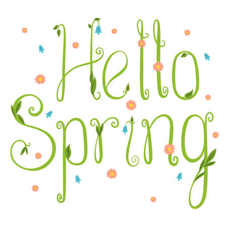 Hand drawn phrase "hello spring" decirated with flowers, isolated on white backgroundのイラスト素材