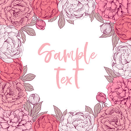 Hand drawn gentle pink vector peony flowers frameのイラスト素材