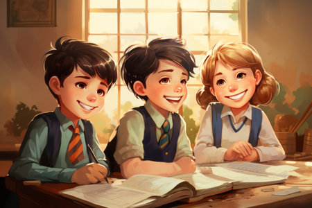 Group of happy school kids in classroom. Education concept. 3D Renderingの素材
