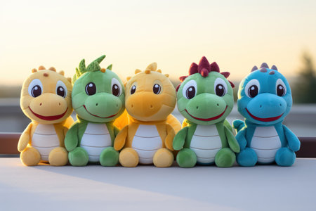 Plush dragon toys against the backdrop of the setting sun.の素材