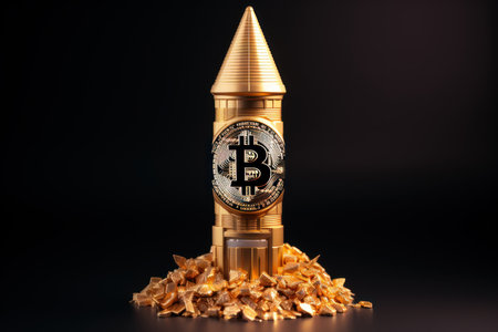 Golden bitcoin in a rocket on a black background. Cryptocurrency concept.の素材