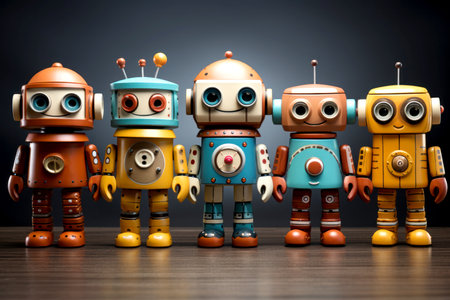 Vintage tin toy robots on dark background. 3d illustration.の素材