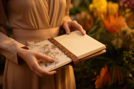 Female hands holding a notebook in a flower shop, close-upの素材