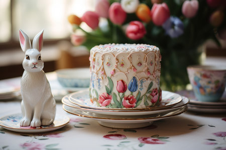 Easter table setting with tulips and Easter cake, selective focusの素材