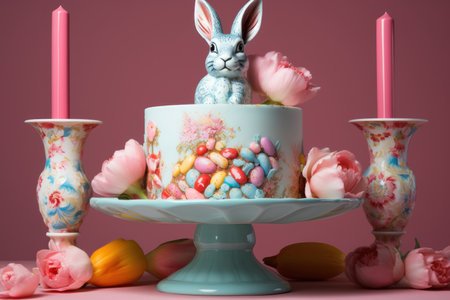 Easter cake with colorful eggs, bunny and tulips on pink backgroundの素材