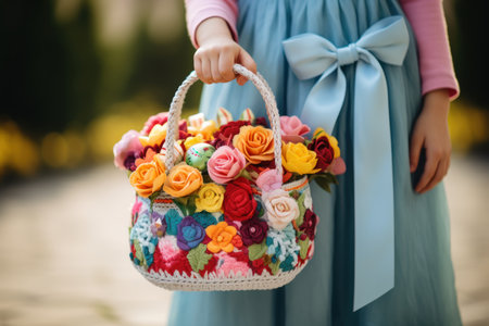Little girl holding a basket with flowers in her hands. Close-up.の素材