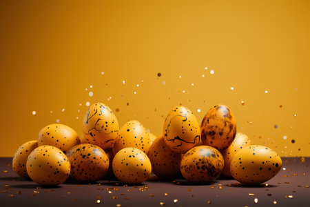 Easter eggs with golden confetti on orange background. 3d renderingの素材