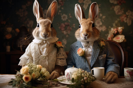 Rabbits sitting in a room with flowers and a cup of coffee. Easter holiday concept.の素材