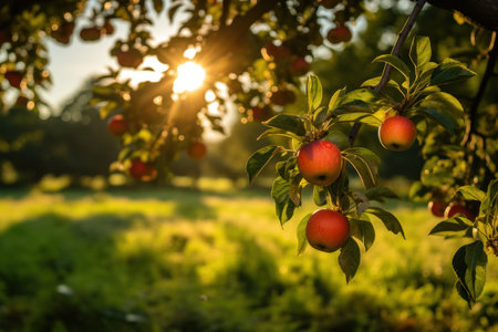Ripe red apples on apple tree branch in orchard at sunsetの素材