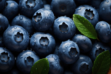 Fresh blueberries with green leaves, closeup, macro. Berry backgroundの素材