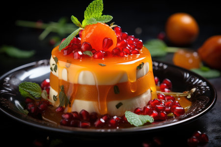 Panna cotta with pomegranate seeds and mint on black backgroundの素材