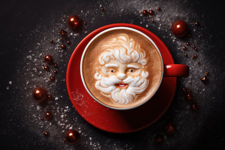 Cappuccino with Santa Claus face and Christmas decorations on dark backgroundの素材