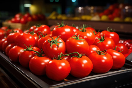 Fresh red tomatoes on the counter of a supermarket. Toned.の素材