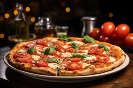 Pizza with mozzarella cheese, tomatoes and basil on wooden tableの素材