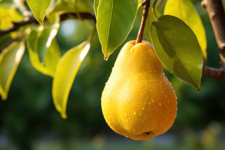 Ripe yellow pear on a tree branch with green leaves in the gardenの素材