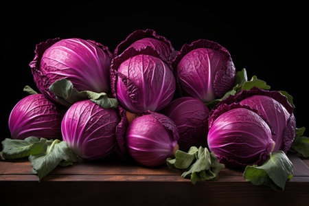 Purple cabbage on a wooden table on a black background with copy spaceの素材