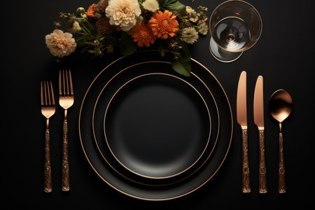 Table setting with golden cutlery and flowers on black background, top viewの素材