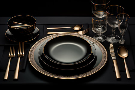 Elegant table setting with golden cutlery and plates on black backgroundの素材