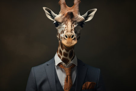 Portrait of a giraffe in a suit and tie on a dark backgroundの素材