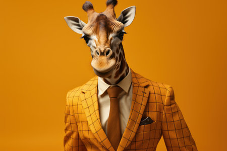Funny giraffe in suit and tie isolated on orange background.の素材
