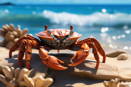 Sally Lightfoot crab on the sandy beach with blue ocean backgroundの素材