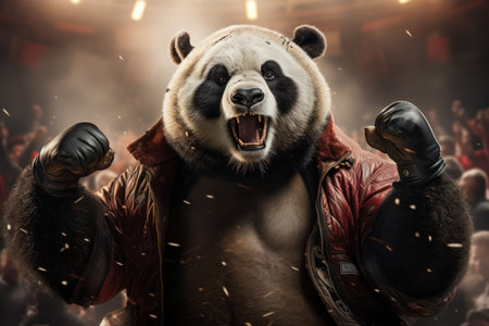 A giant panda in a leather jacket and gloves is fighting.の素材