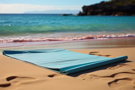 Blue yoga mat on the beach with sea and sky in the backgroundの素材
