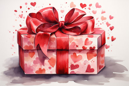Watercolor illustration of a gift box with a red bow and heartsの素材
