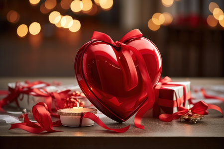 Valentines day background with red heart and gift boxes on wooden tableの素材