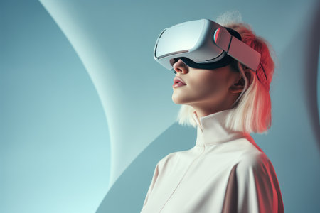 beautiful young woman in virtual reality headset looking at camera on blueの素材
