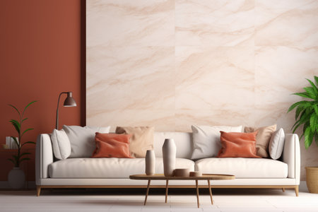Interior of modern living room with brown marble wall and white sofa 3d renderingの素材