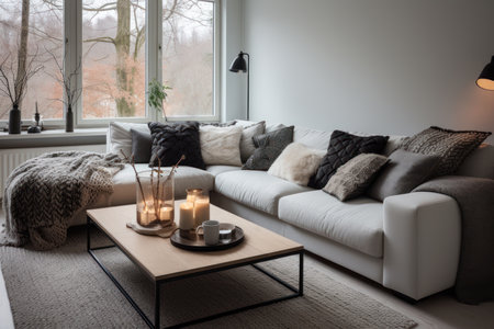 Modern living room with white sofa and candles, scandinavian styleの素材