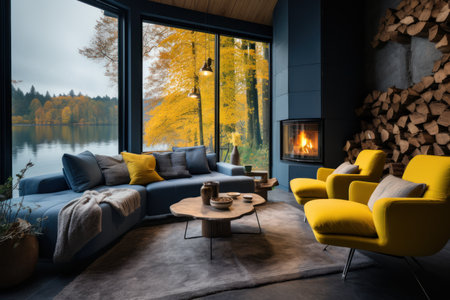 Cozy living room with a large window overlooking the lake. There is a blue sofa, a coffee table and yellow armchairs.の素材