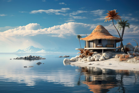 Tropical island with palm trees and bungalows. 3d renderの素材