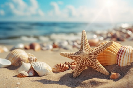 Starfish and seashells on the sandy beach. Sea background.の素材