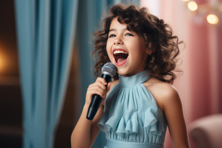 portrait of beautiful girl in blue dress singing with microphone at homeの素材