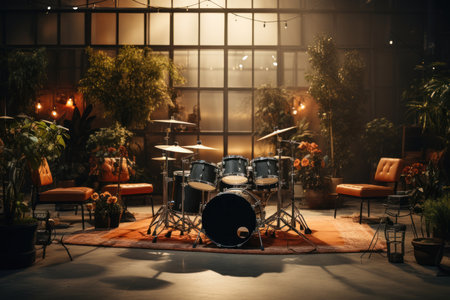 Drum set in the room with green plants in the foreground.の素材