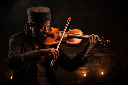 Violinist playing the violin on a dark background. Music conceptの素材