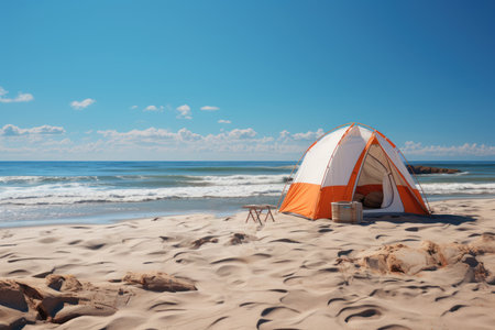 Camping on the beach in summer. Vacation and travel conceptの素材