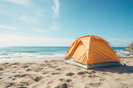 Camping tent on the beach at sunny day. Summer holiday conceptの素材