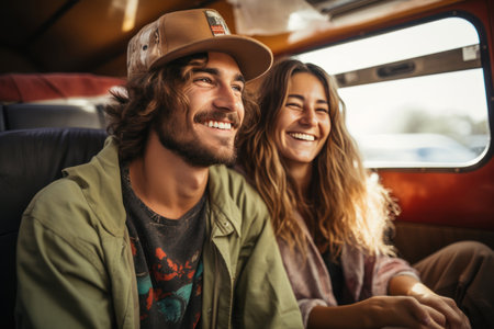 Happy young couple traveling by bus. Smiling and looking at camera.の素材